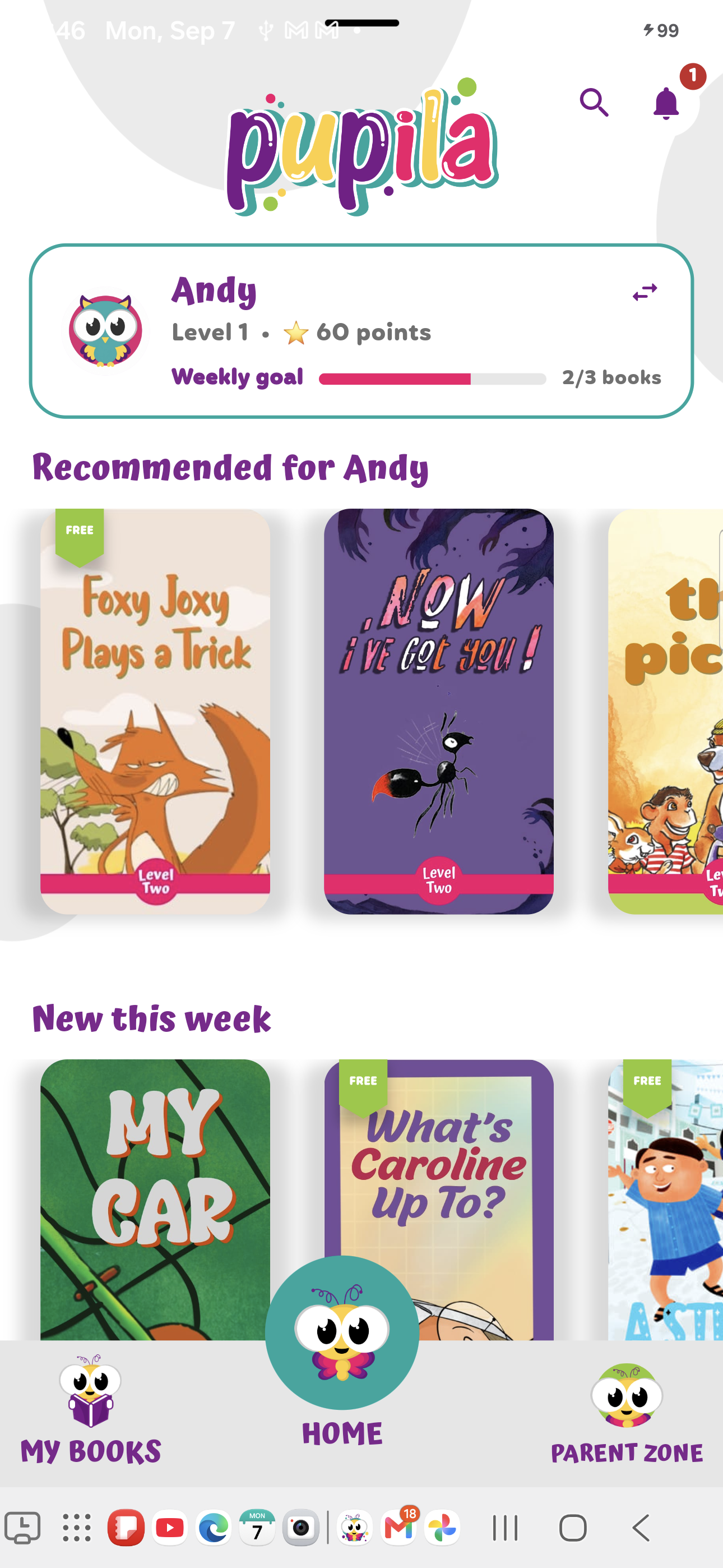 Pupila app showing its illustrated children's story library